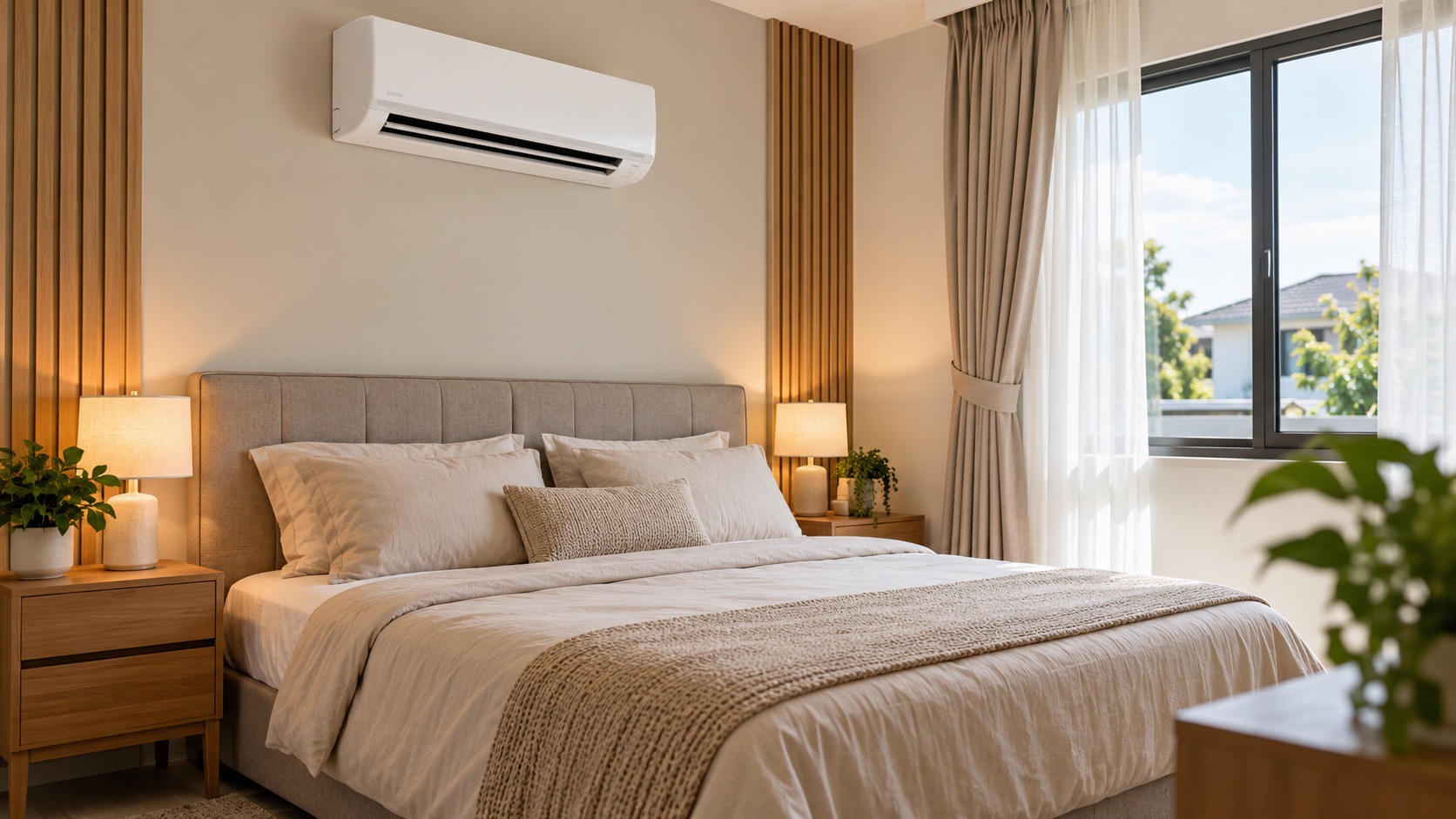 Penghawa dingin dipasang di bilik tidur moden sebagai ilustrasi permohonan aircond KHIND RTO