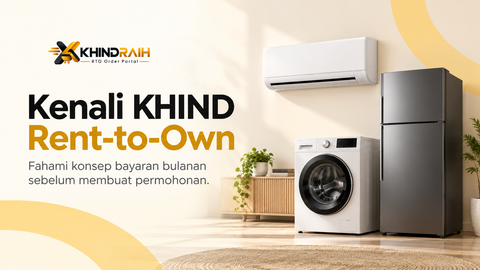 Ilustrasi penghawa dingin, mesin basuh dan peti sejuk di ruang kediaman moden untuk panduan KHIND Rent-to-Own (RTO).