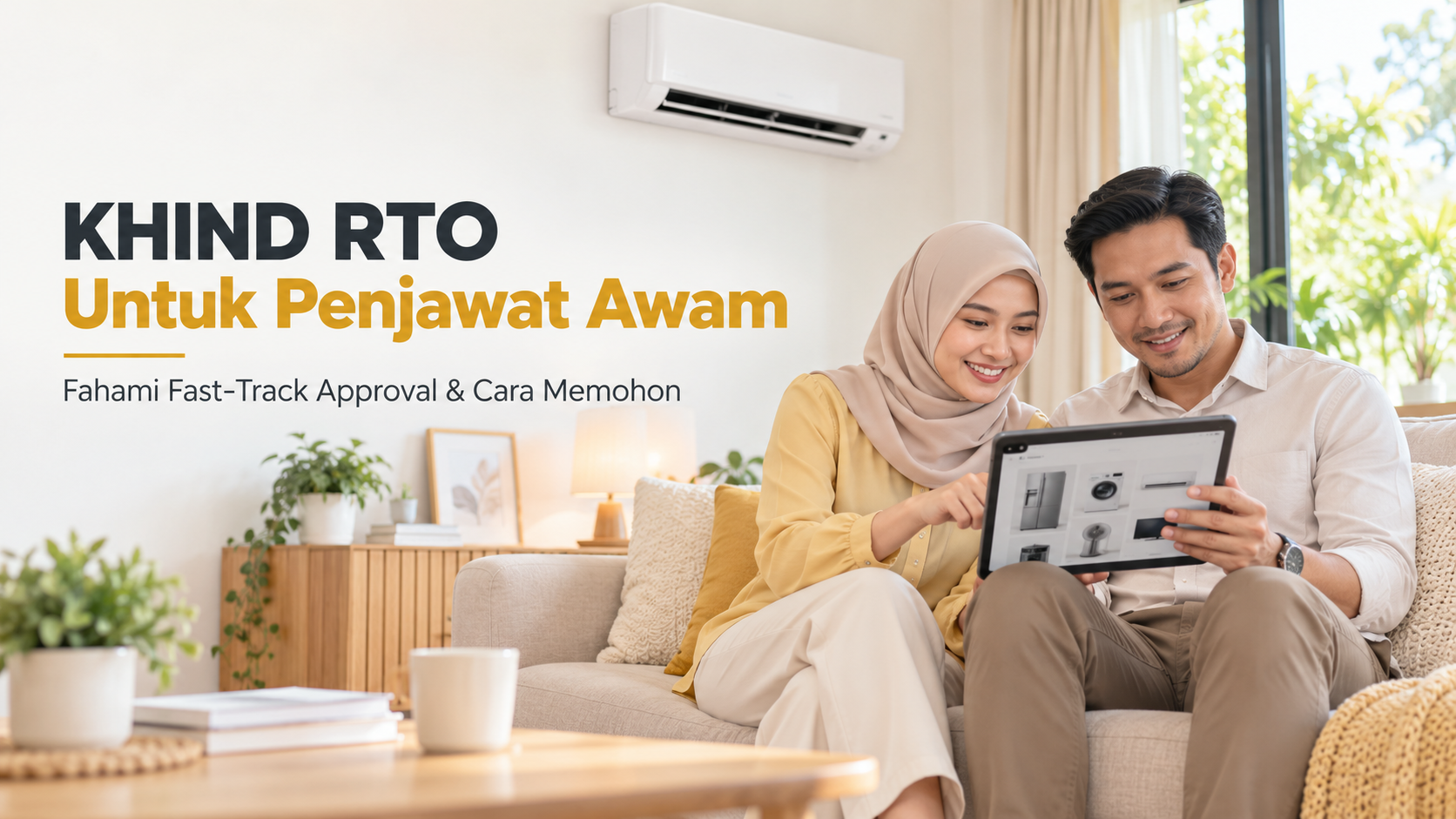 Ilustrasi pasangan di ruang tamu menyemak pilihan peralatan rumah melalui tablet bagi panduan KHIND RTO penjawat awam