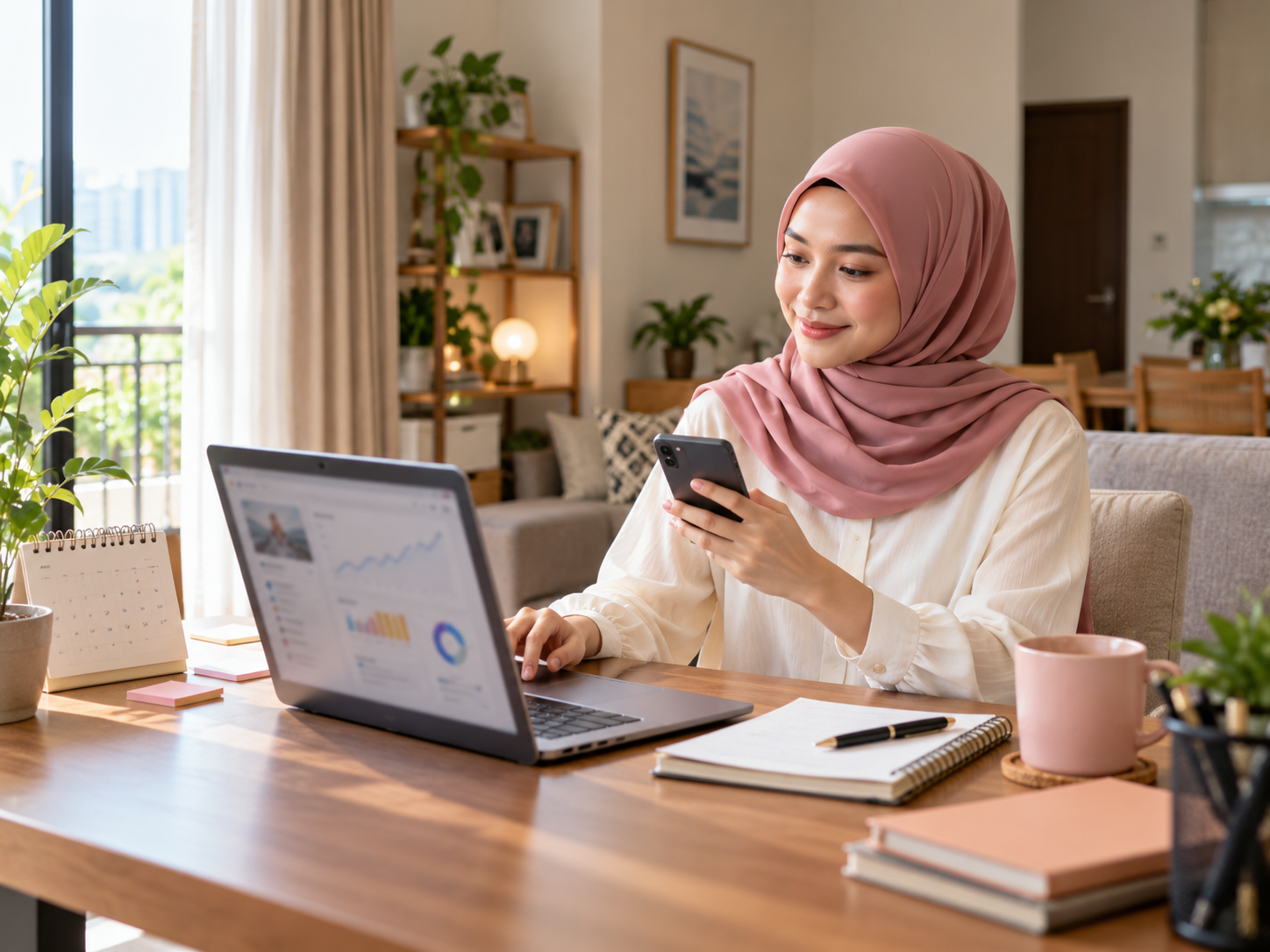 Ilustrasi ejen mengurus pemasaran dan follow-up melalui laptop serta telefon