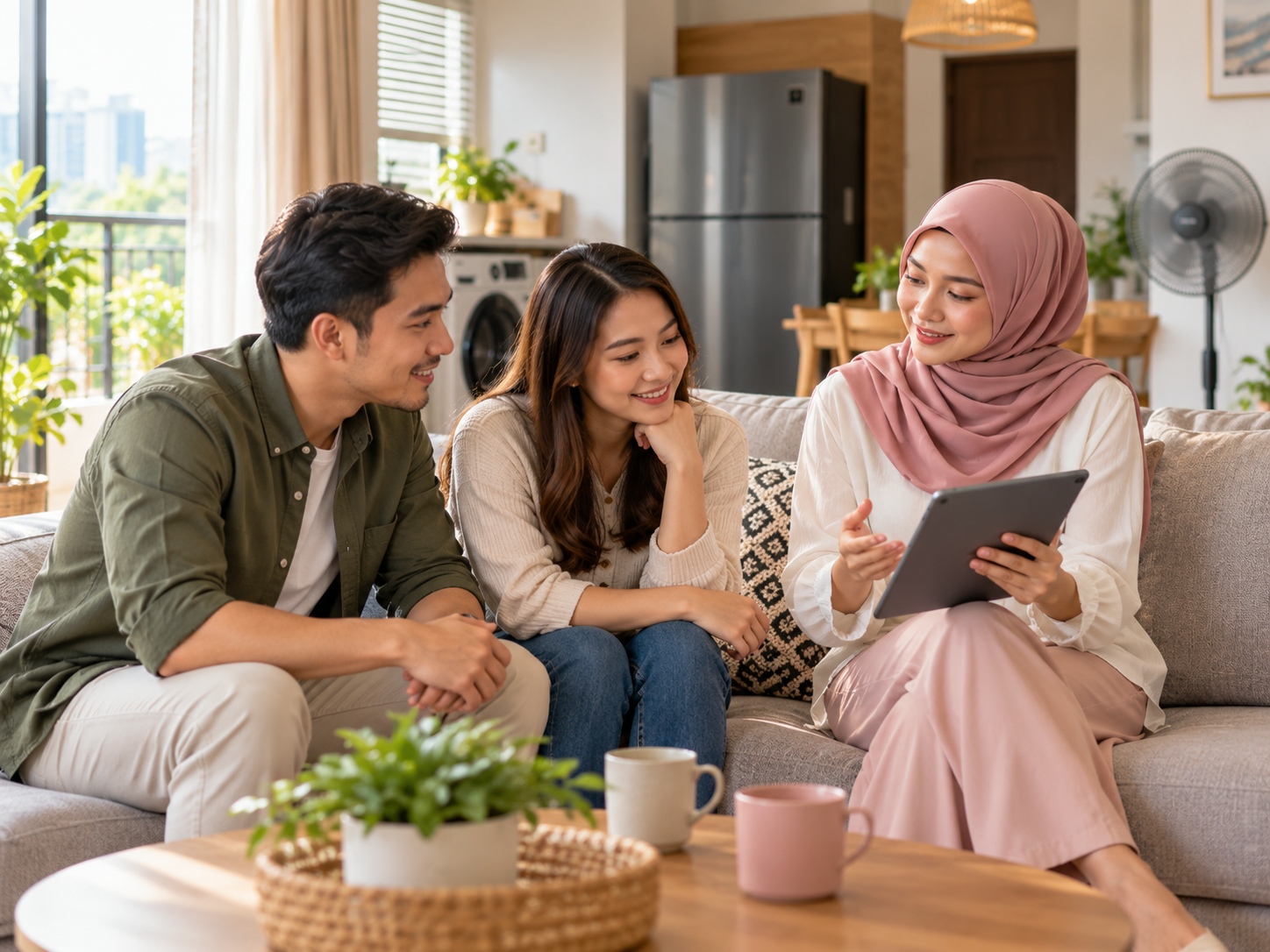 Ilustrasi ejen menerangkan pilihan produk kepada pelanggan di rumah
